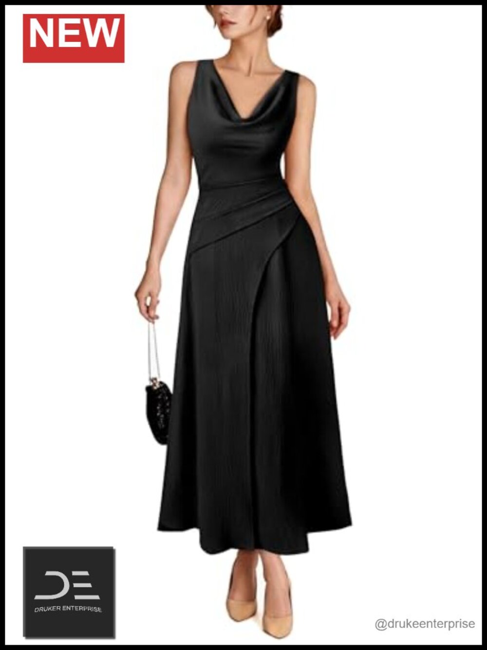 Cowl Neck Tie Waist A-Line Long Dress